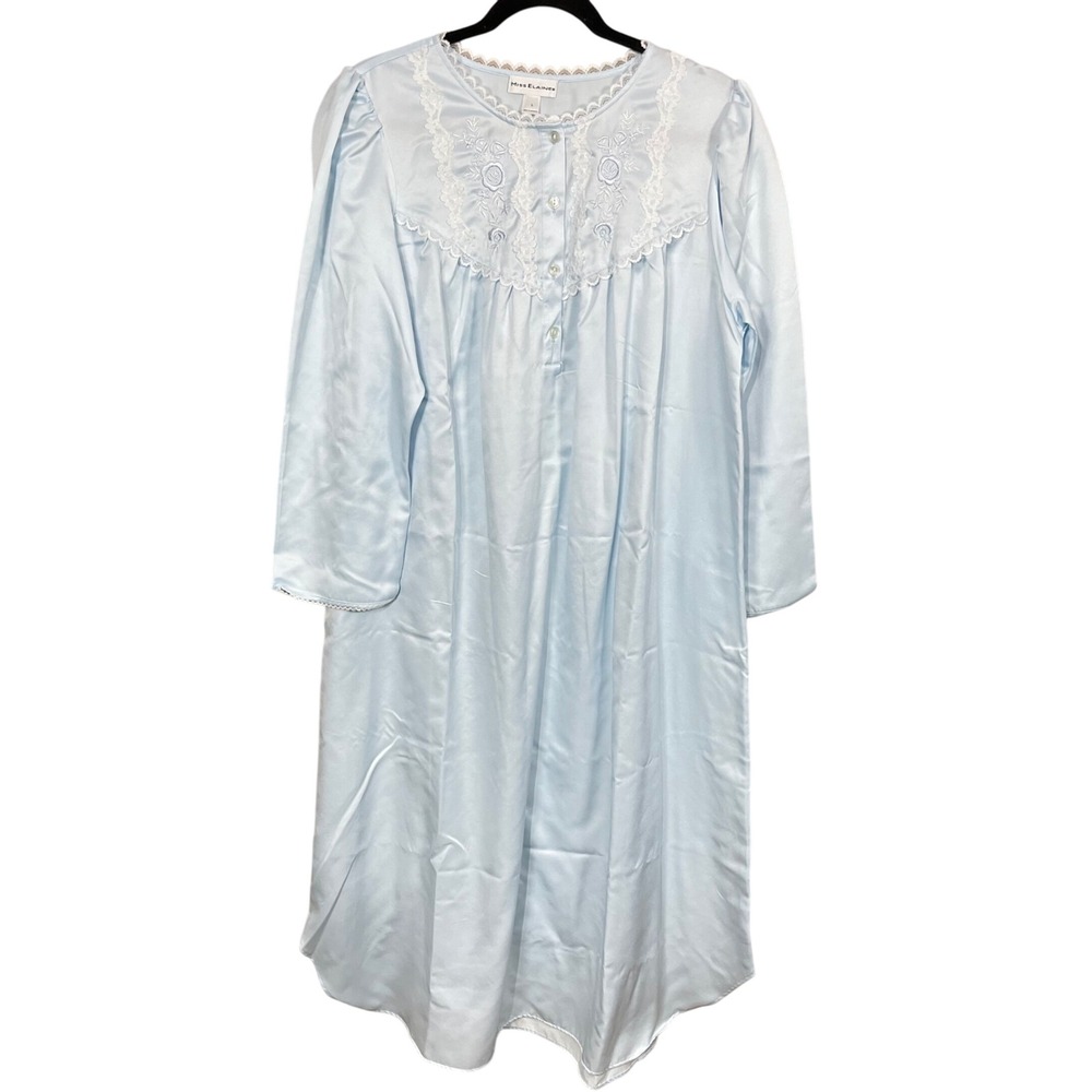 Miss Elaine Baby Blue Satin Quarter Button Lace Embroidered Night Gown Size L - Picture 1 of 4